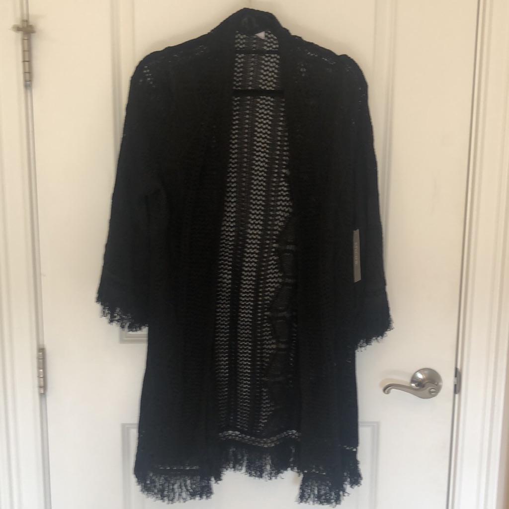 Chico’s Nwt Elegant Black Open-Front Fringe Long Cardigan Sweater